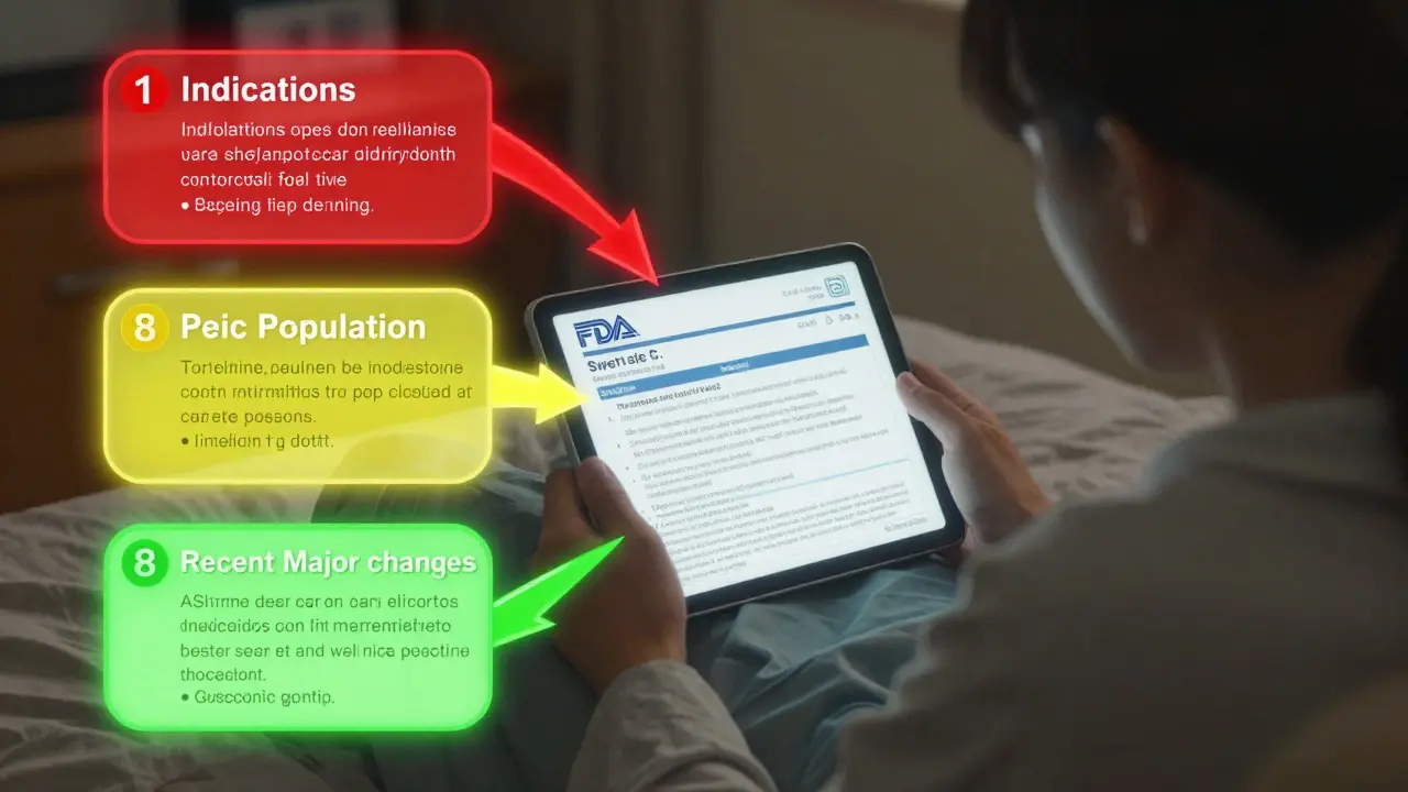Patient using tablet to explore interactive FDA label with color-coded safety sections popping up.