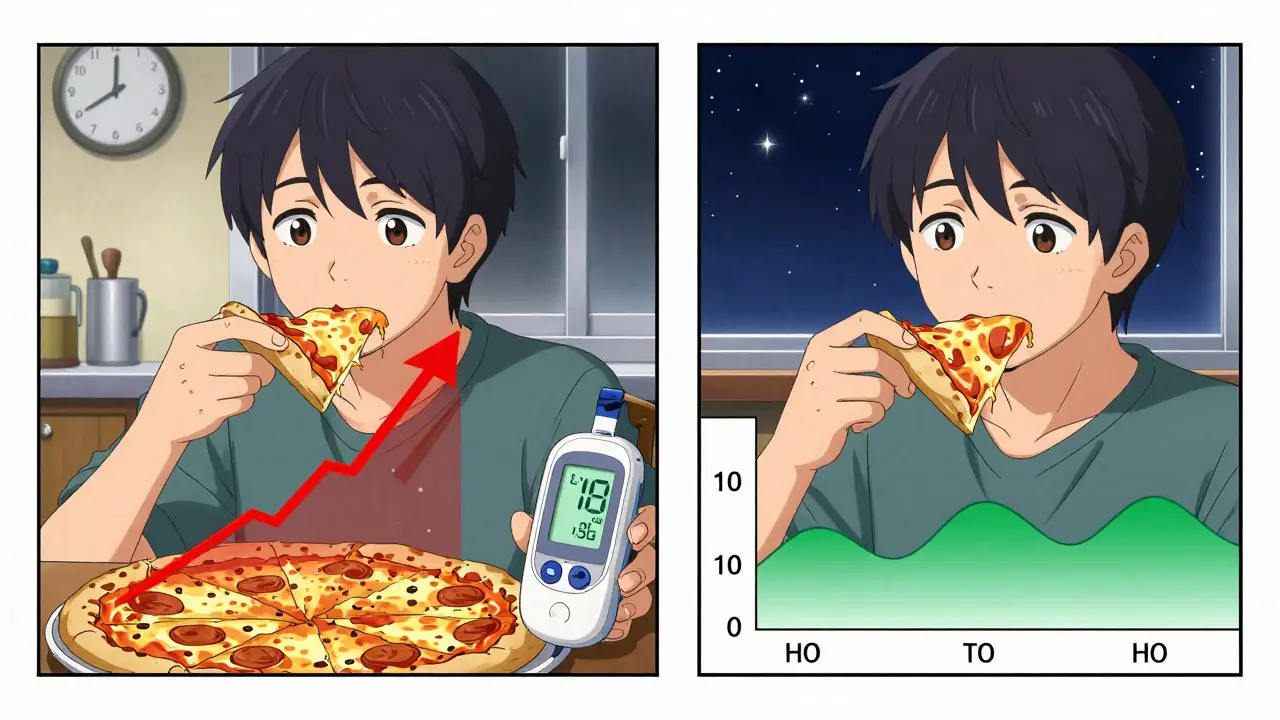 Person using dual-wave bolus on insulin pump while eating pizza, with delayed insulin graph