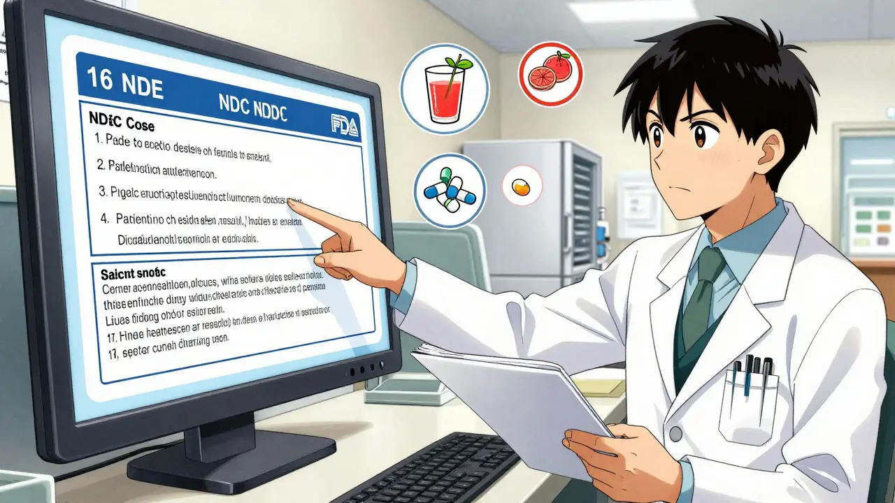 Pharmacist and doctor reviewing FDA label on screen, with drug interaction symbols floating nearby.