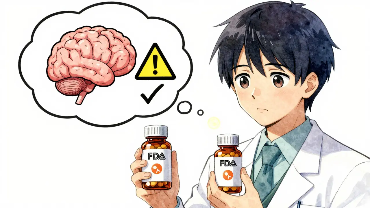 Pharmacist comparing pill bottles as a patient's doubt turns into a checkmark with an FDA seal.