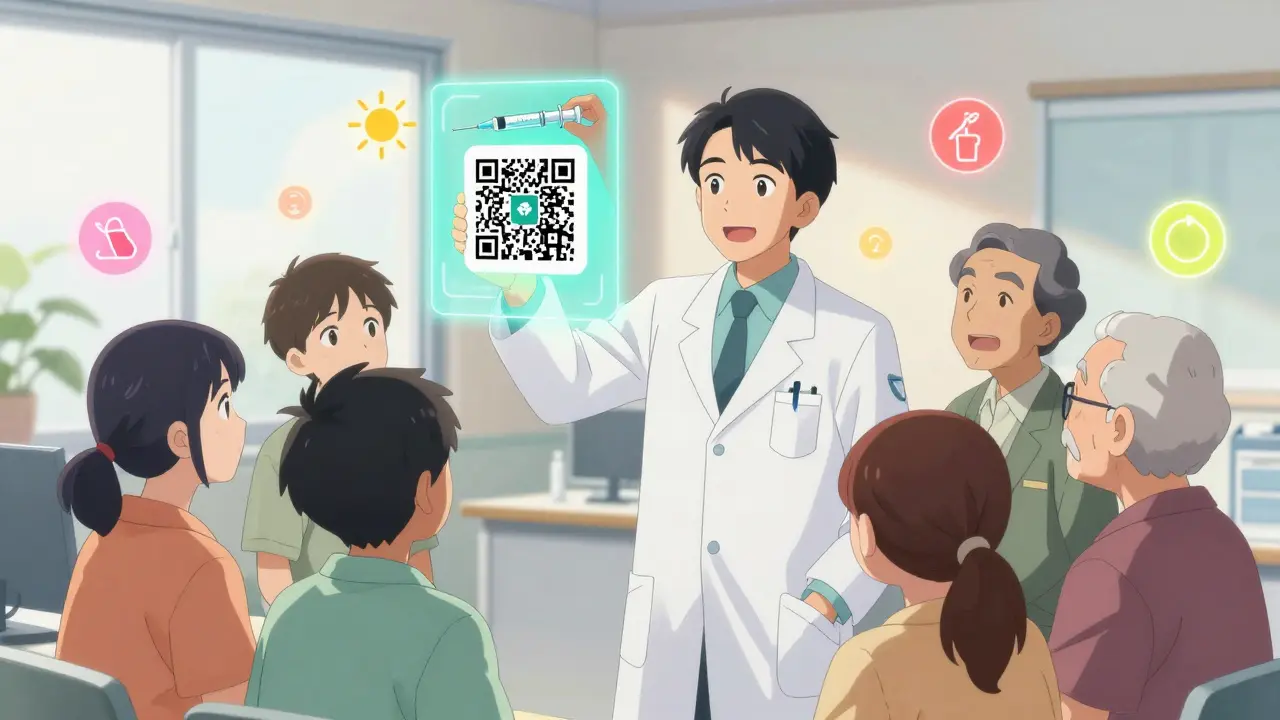 Pharmacist showing QR code hologram of correct dosing with color-coded safety icons