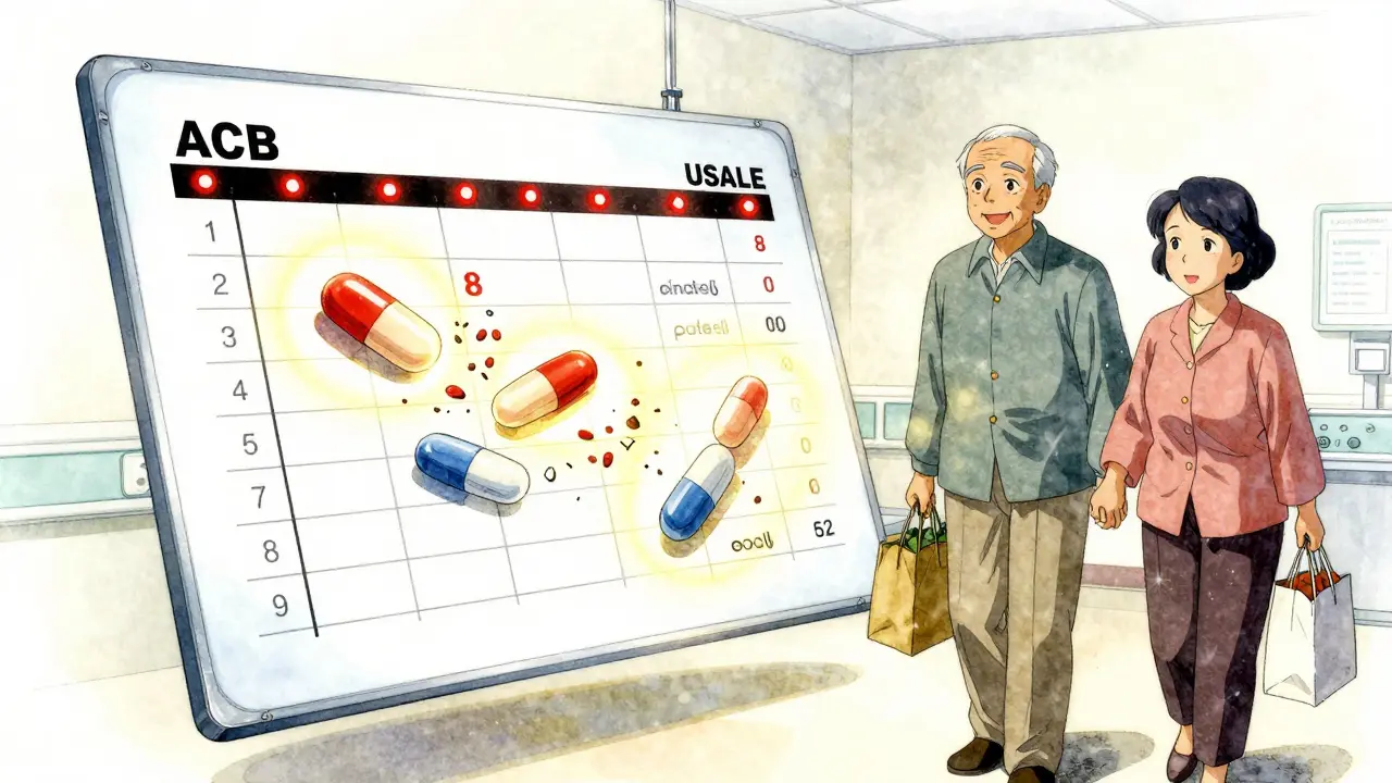 Shattered anticholinergic pills replaced by safe alternatives, elderly man regaining clarity.