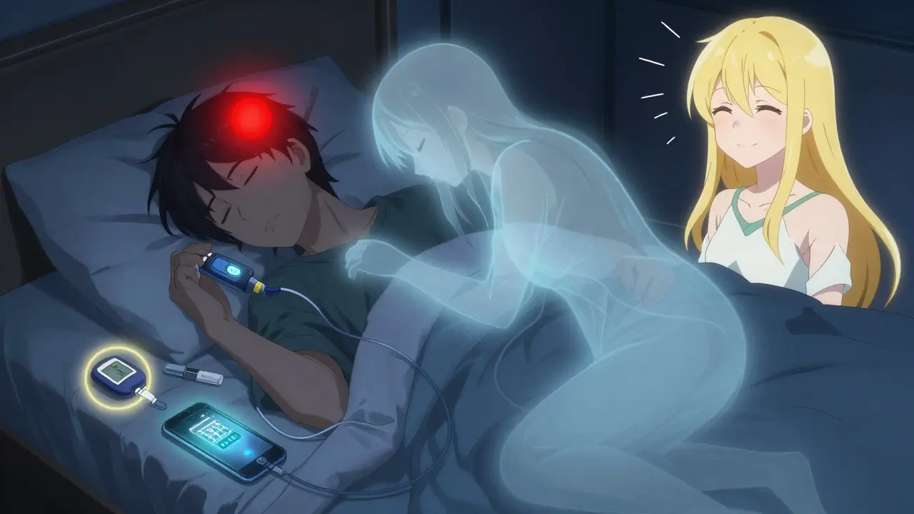 Sleeping person with insulin pump suspending delivery, glucose tabs and phone nearby