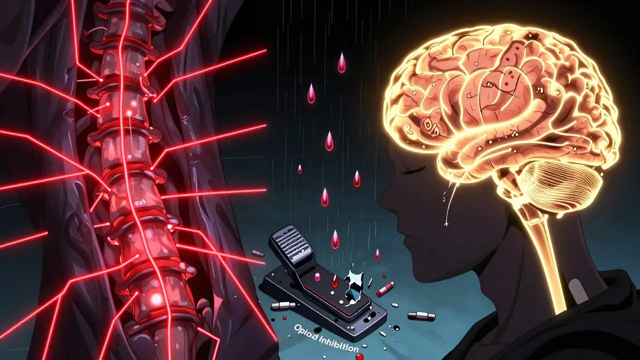 Spinal cord and brain glowing with overactive pain signals and broken inhibition system in manga style.