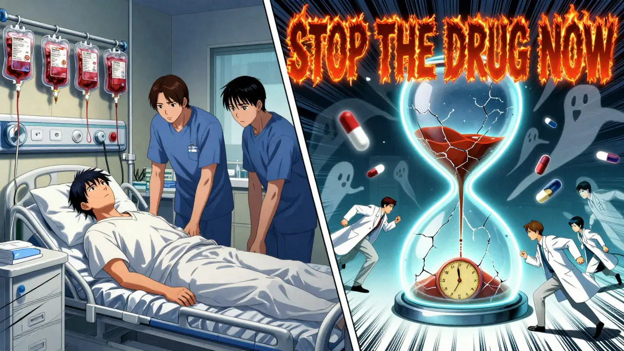 Split ICU scene with hourglass timer and fiery warning text: 'STOP THE DRUG NOW'