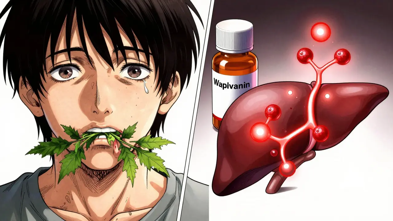 Split image: someone chewing feverfew with mouth sores beside a liver blocked by herbal molecules interfering with blood thinners.