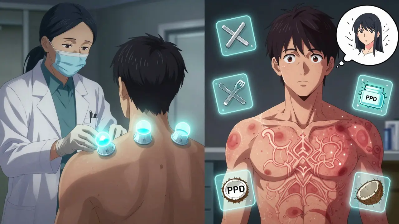 Split manga panel showing patch test application on Monday and inflamed skin reaction on Friday with floating allergen icons.