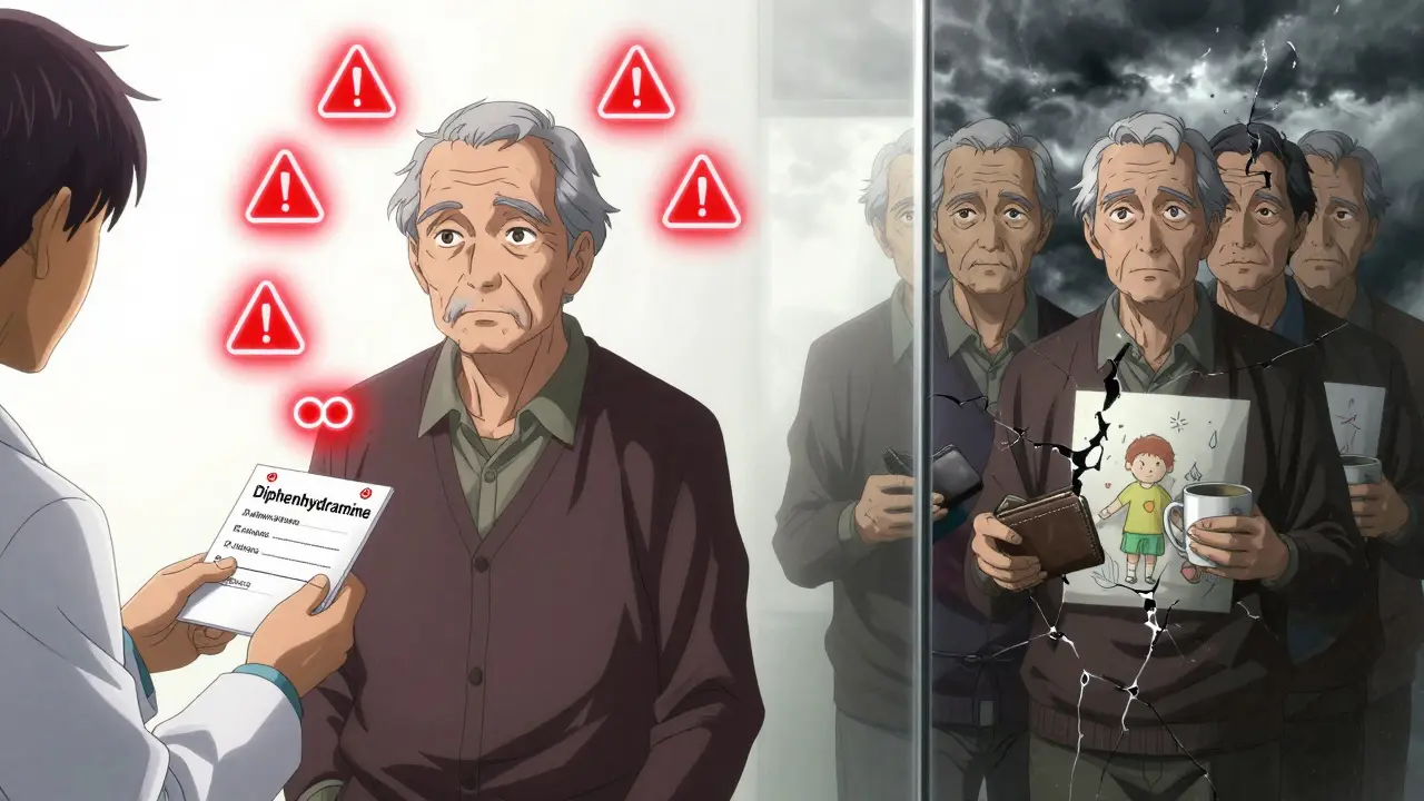 Split scene: doctor giving prescription with warning symbols, and patient's fractured reflection holding forgotten objects.