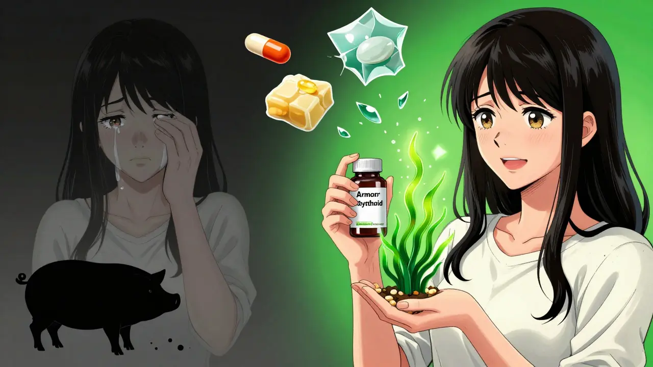 Split scene: woman choosing between pig-derived thyroid med and synthetic vegan alternative, animal ingredients breaking apart.