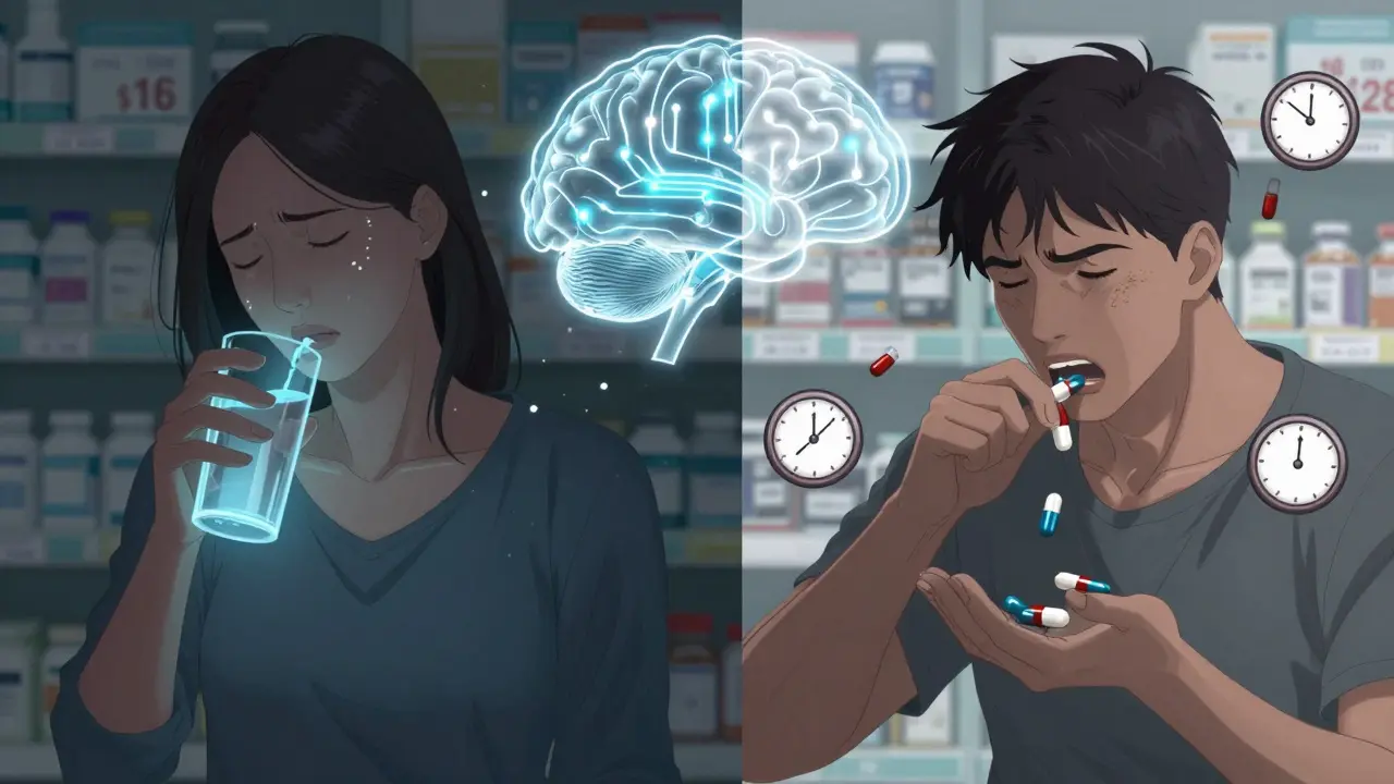 Split scene: woman taking pregabalin with blue pain reduction vs man struggling with multiple gabapentin pills