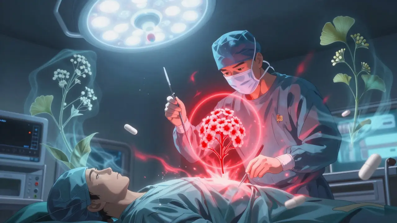 Surgeon in operating room with a feverfew flower-shaped warning symbol glowing above a patient, herbal spirits swirling in the air.