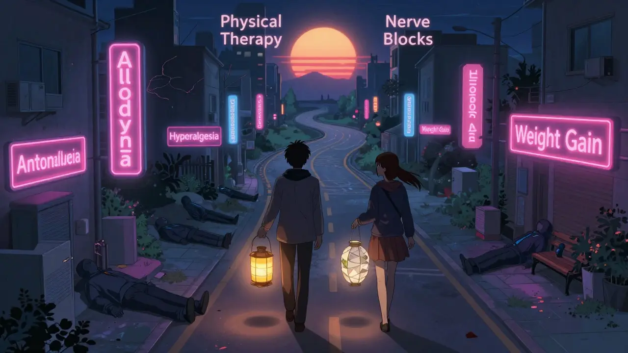 Surreal nerve city street with two figures carrying different medication lanterns under neon pain warnings