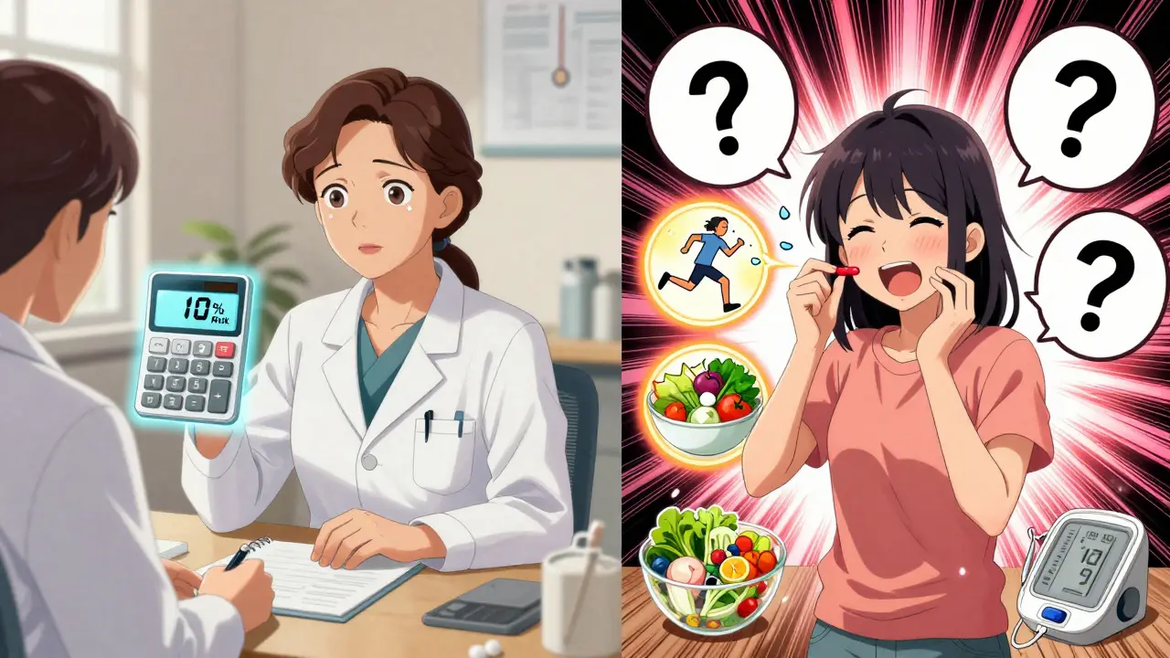Woman consulting a doctor with split scene showing healthy habits vs. outdated aspirin use, anime style.
