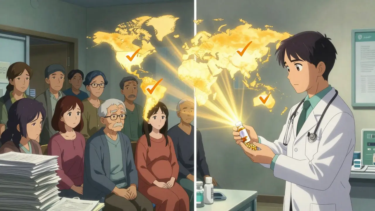 A doctor prescribing pills to diverse patients while behind them, a global map lights up with progress.