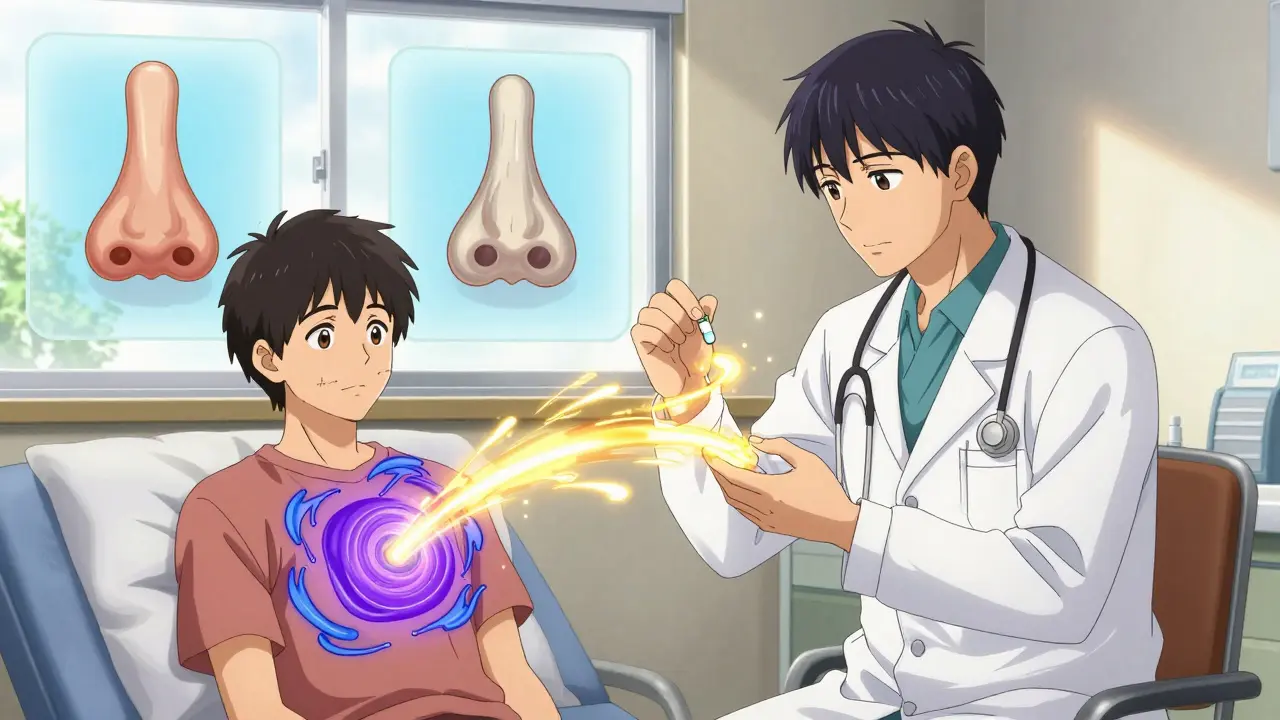 A patient receiving aspirin desensitization therapy as glowing energy restores clear airways in a hospital setting.