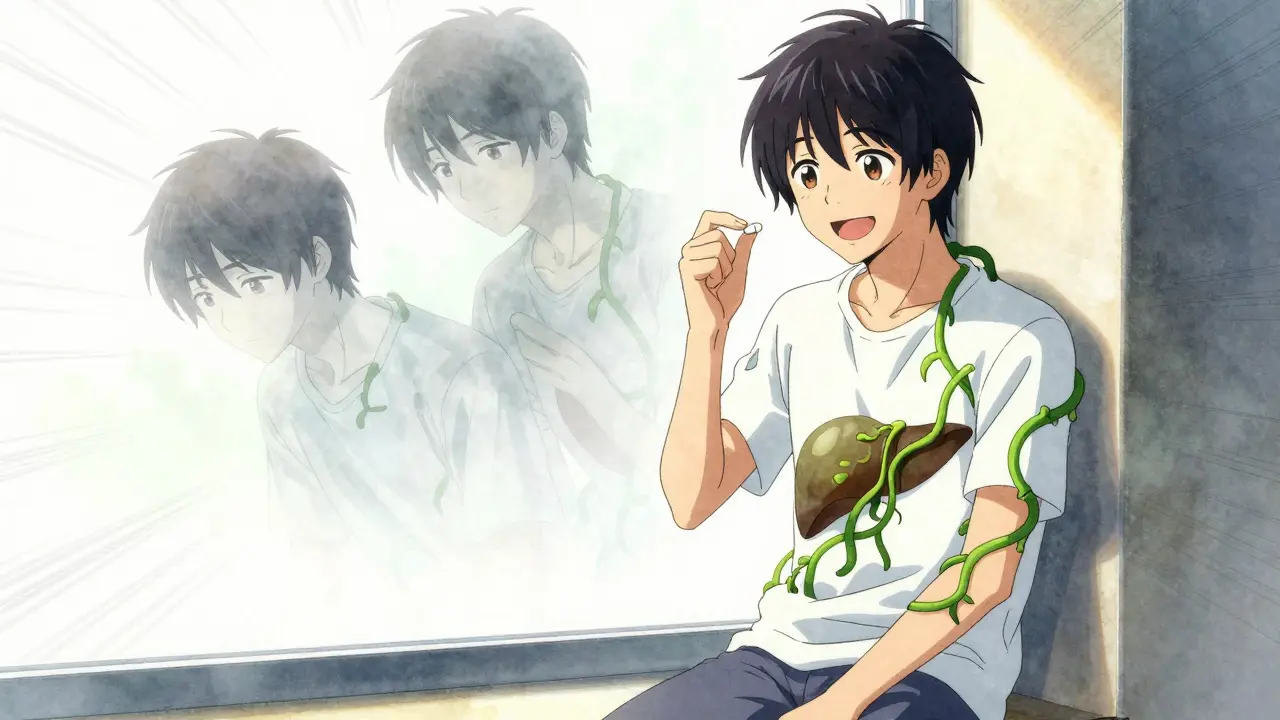 A patient smiling as past illness fades away, replaced by healing vines and sunlight.