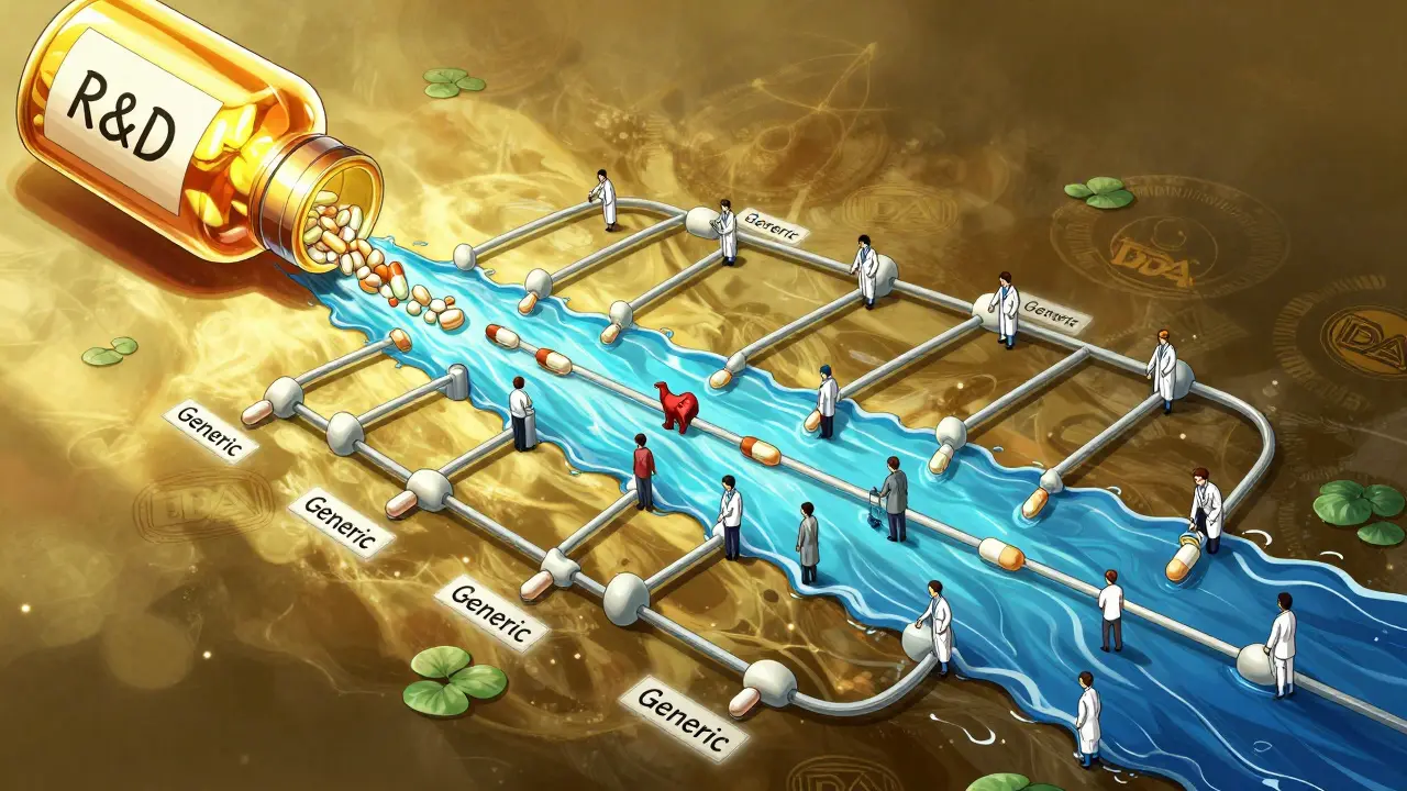 A river of pills flowing from R&amp;D innovation to mass production, symbolizing cost reduction through global labor.