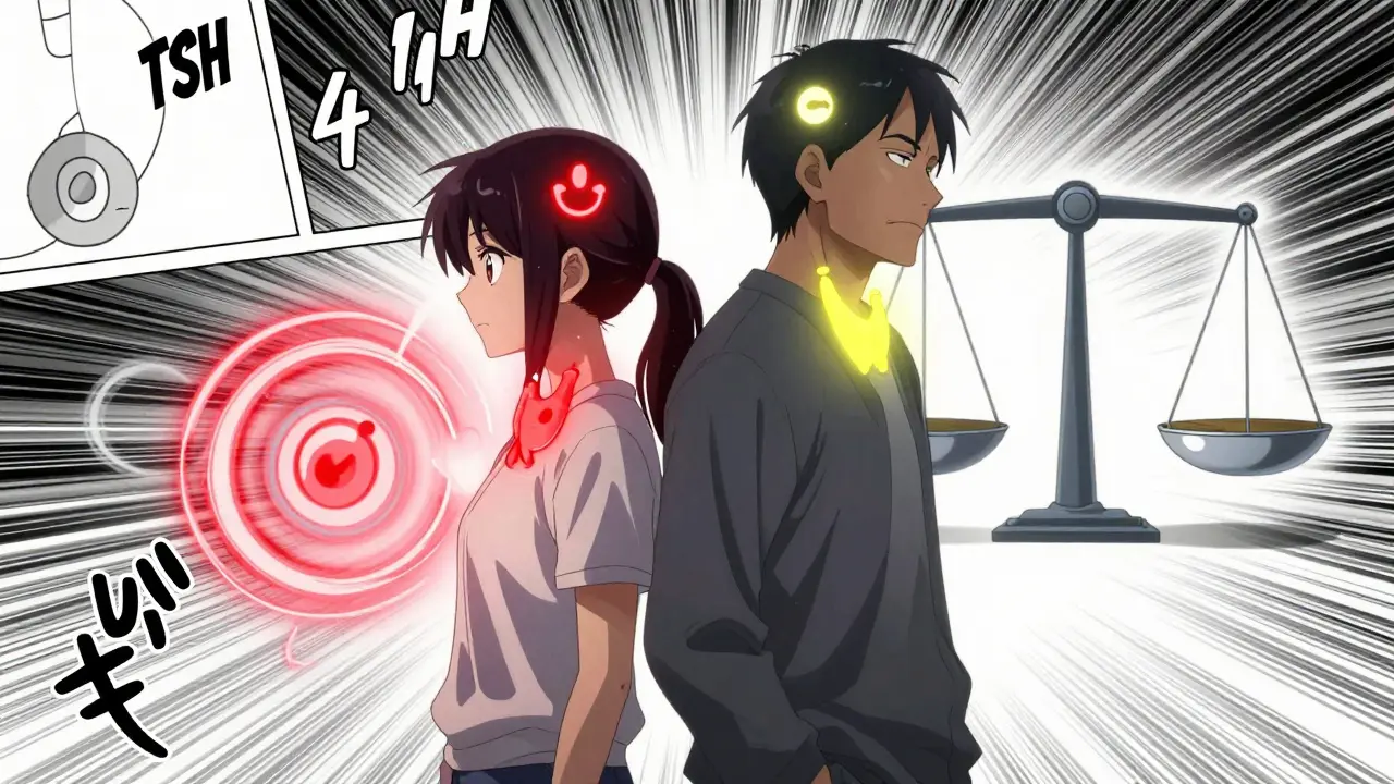 Contrasting figures representing young and old with TSH levels and antibody symbols floating around them.