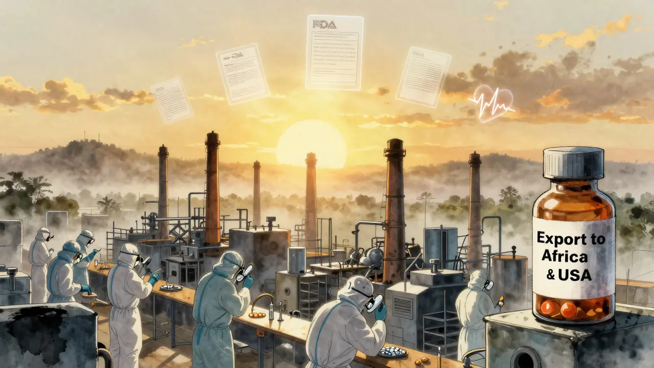 Dawn view of Indian generic drug factory with floating FDA warning icons and vials labeled for global export.