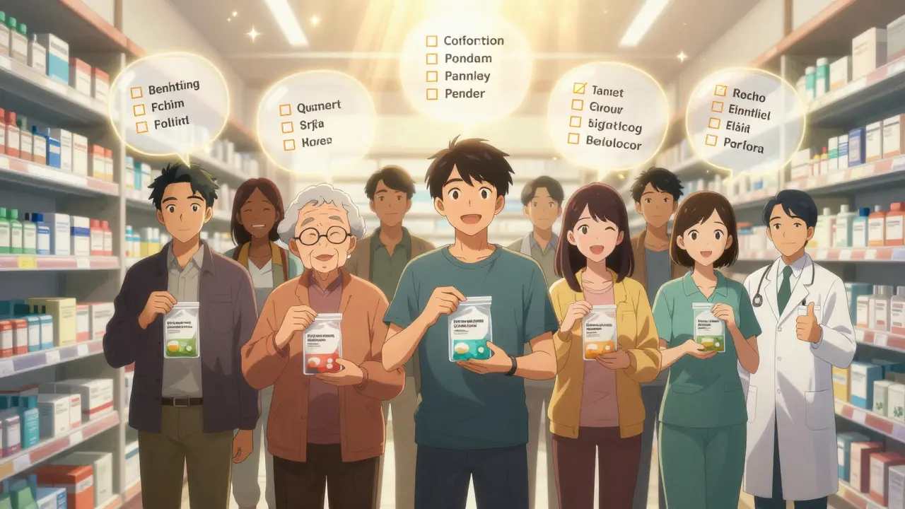 Diverse group of people holding medication bags with glowing checklist items above them in a pharmacy.