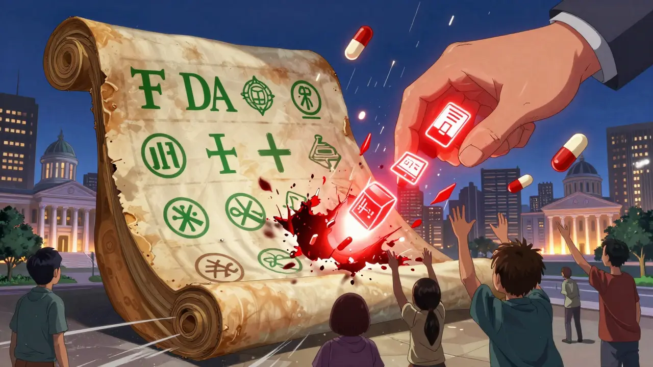 Orange Book scroll with improper patents being removed by FDA hand over city