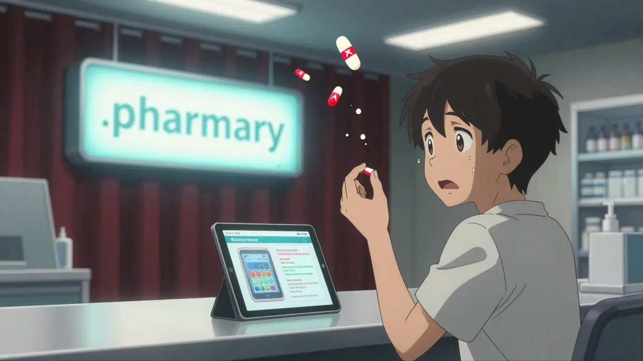 Patient at pharmacy comparing pill to reference image, glowing .pharmacy badge visible, fake pills swirling in background.