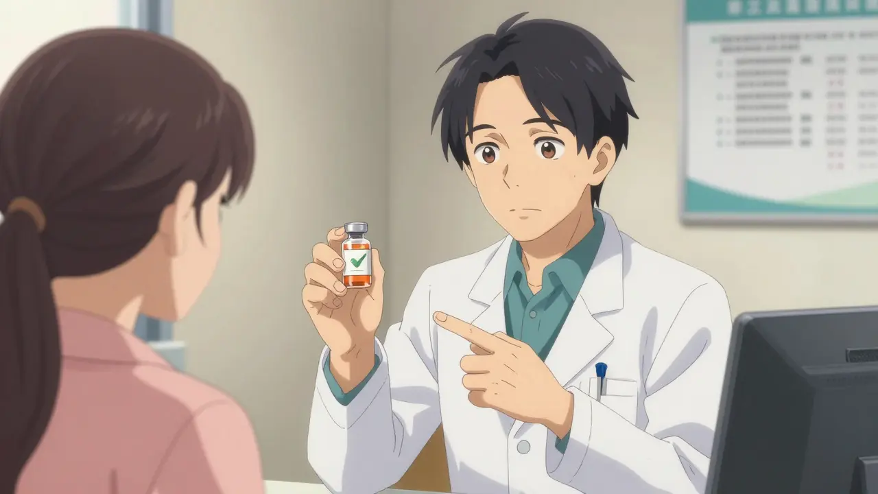 Pharmacist reassuring patient about biosimilar with different appearance.