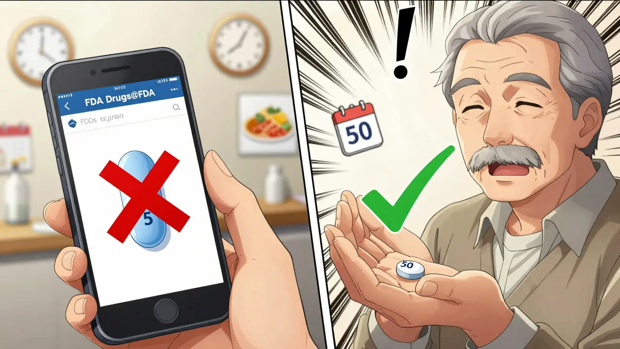 Senior comparing pill appearance on smartphone to the actual medication using FDA database.