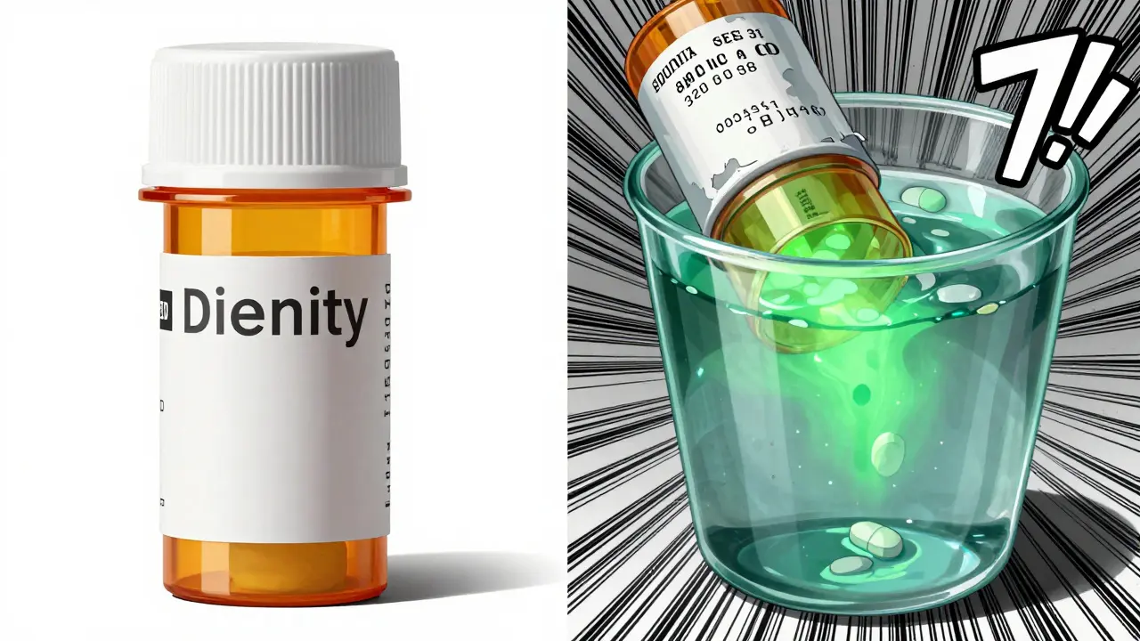 Side-by-side comparison of real and fake pill bottles, one pristine, the other with peeling ink and dissolving pill.