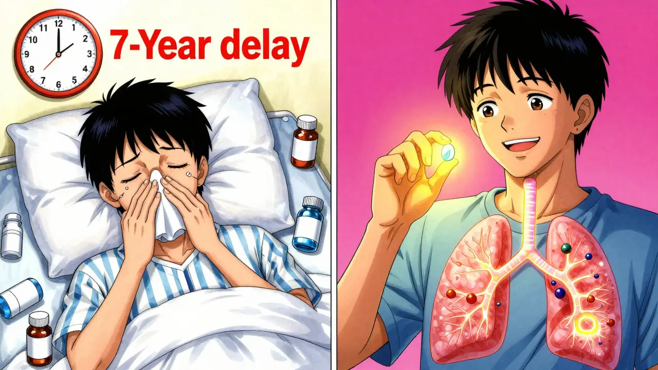 Split scene showing a patient's life before and after AERD diagnosis and treatment, with contrasting emotional states.