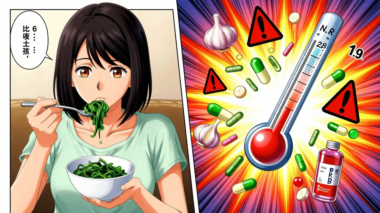 Woman eating spinach calmly while dangerous supplements explode around her