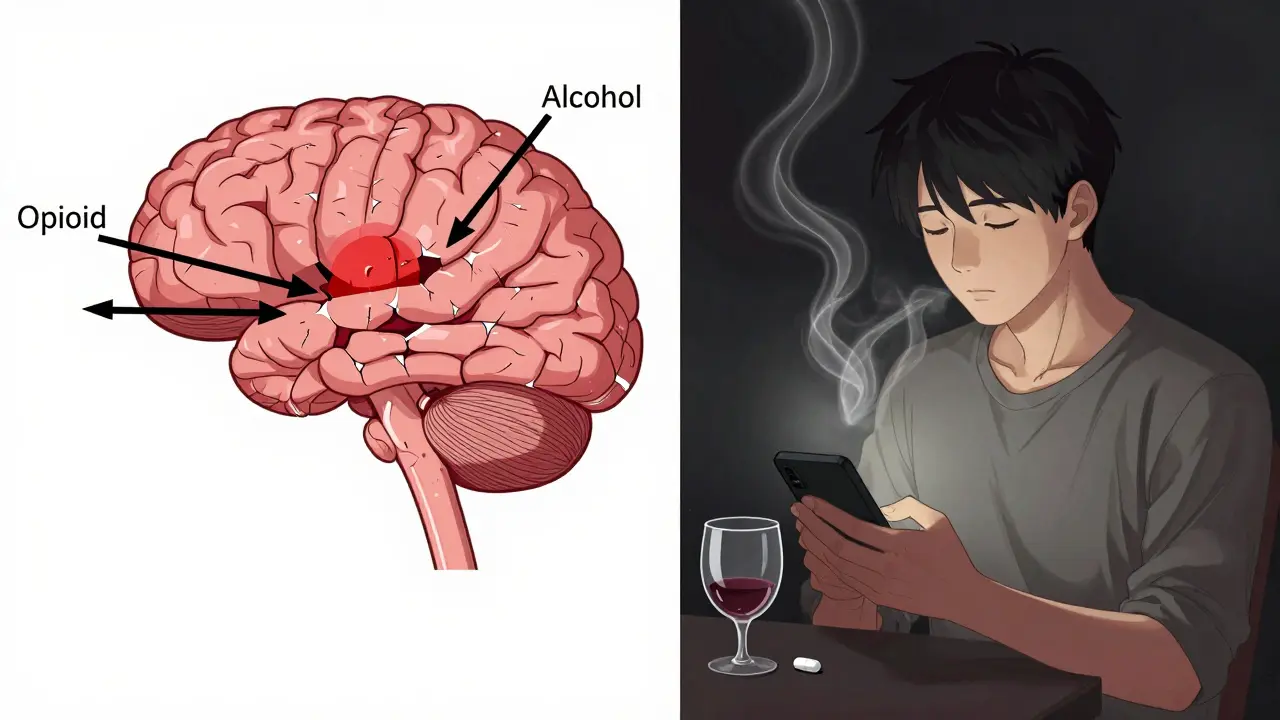 A brainstem diagram collapsing as alcohol and opioid arrows converge, while a young man sits unaware beside a glass and pill.