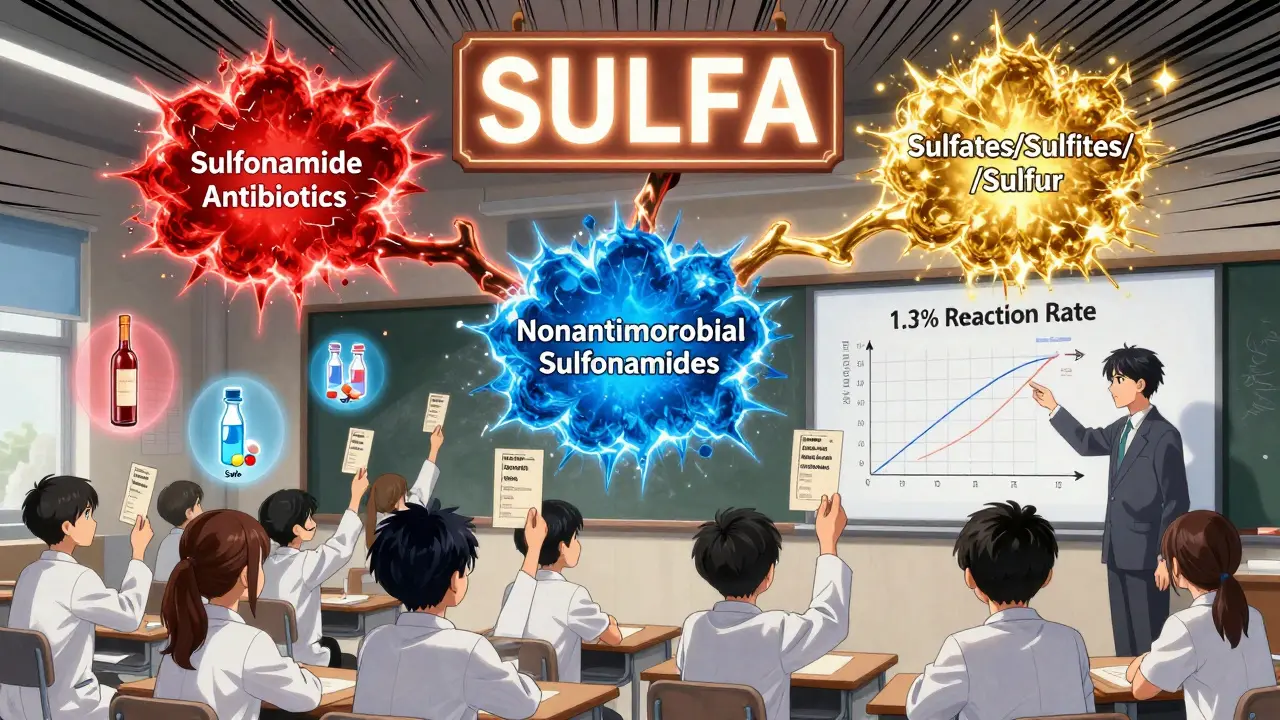 A classroom diagram showing three distinct categories of sulfa-related substances with glowing labels and safe/unsafe icons.