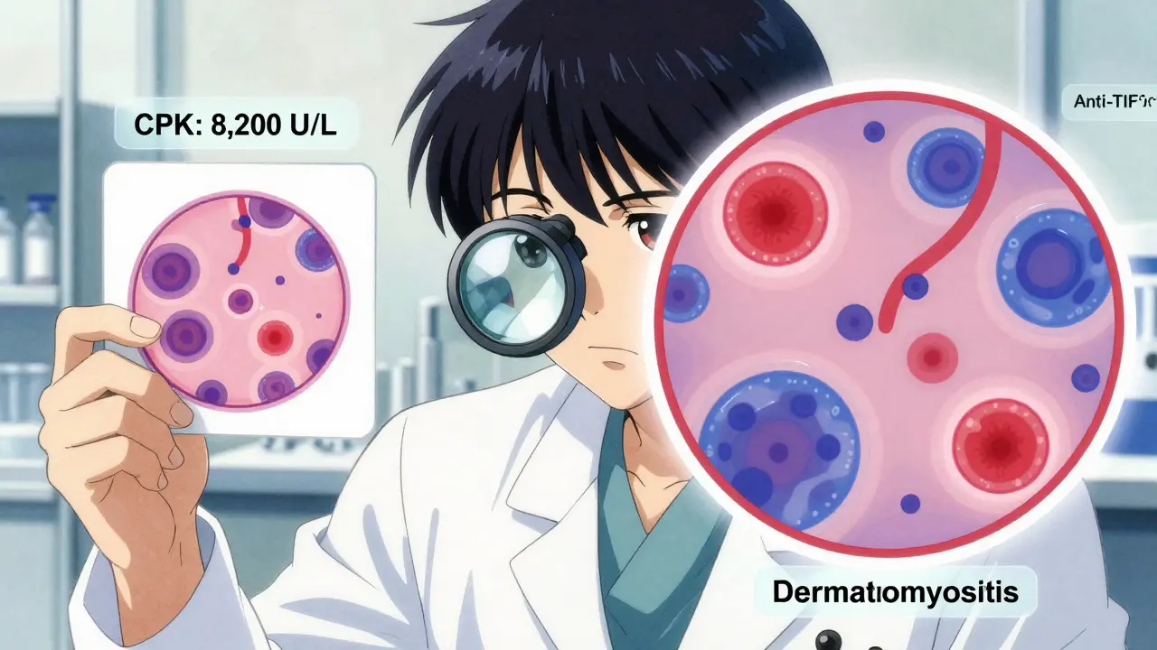 A doctor examining a muscle biopsy slide showing differences between polymyositis and dermatomyositis under magnification.
