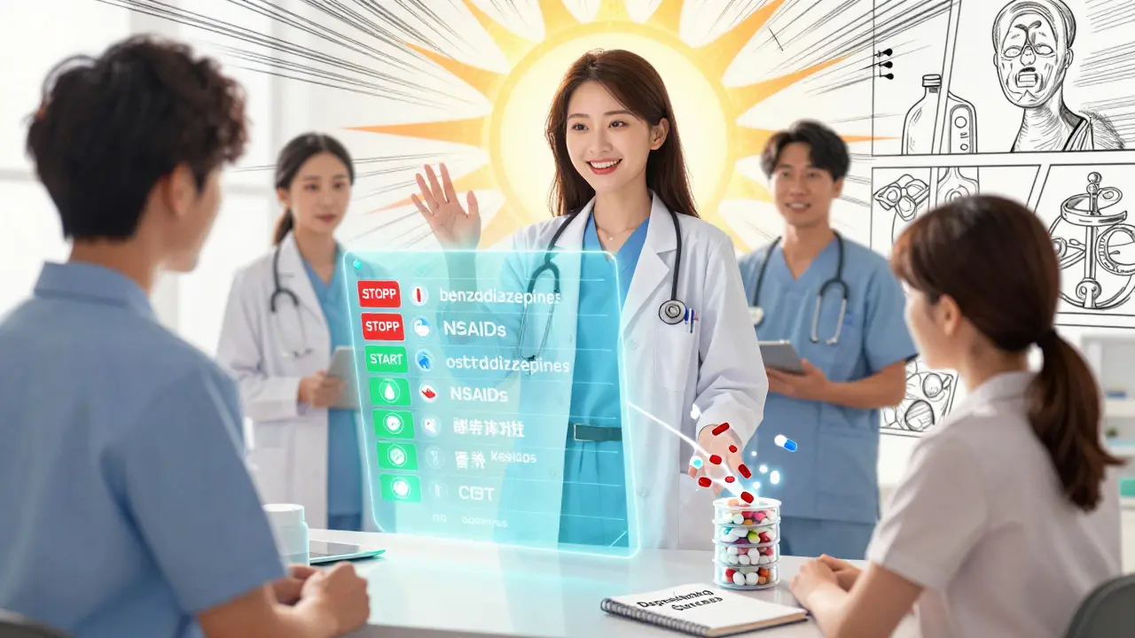 A medical team reviewing a holographic drug list, red flags fading as pills reduce, symbolizing deprescribing success.