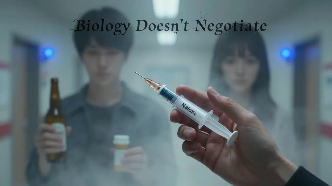 A naloxone injector half-deployed as two fading figures hold alcohol and opioid bottles, with fading kanji text above.