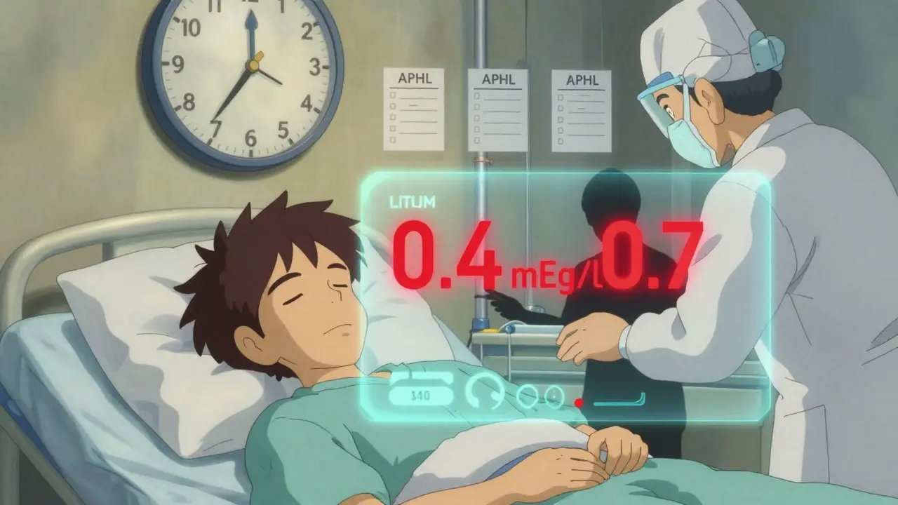 A patient's bloodstream shows underdosed lithium levels while a shadowy figure alters the lab result, with APHL checklist icons glowing nearby.