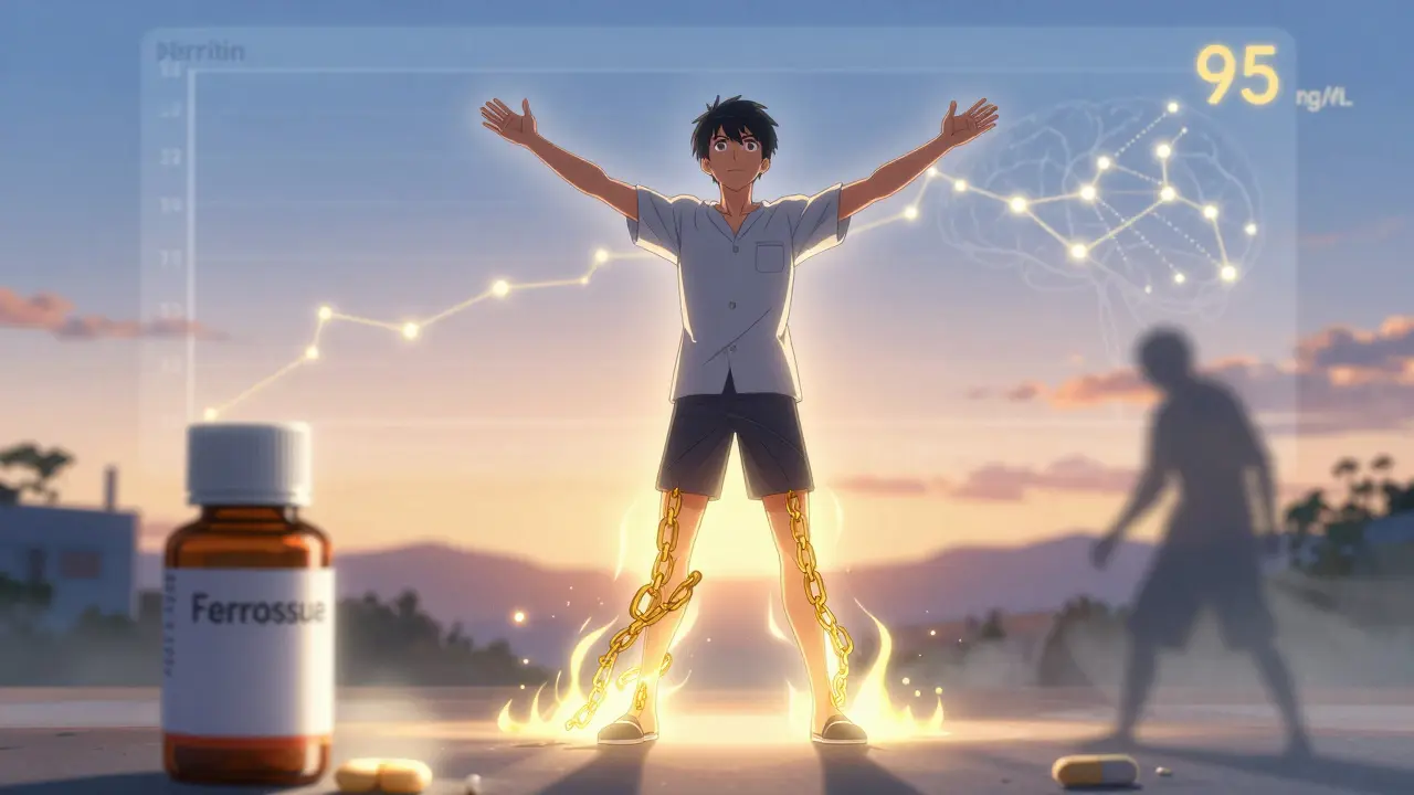 A person at dawn with iron chains dissolving from legs, ferritin levels rising, and dopamine pathways glowing.