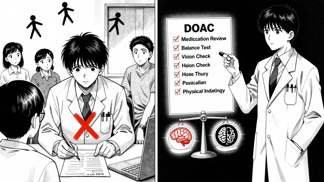 A split-panel medical scene showing wrong vs. right approaches to anticoagulation, with icons and a balancing scale.