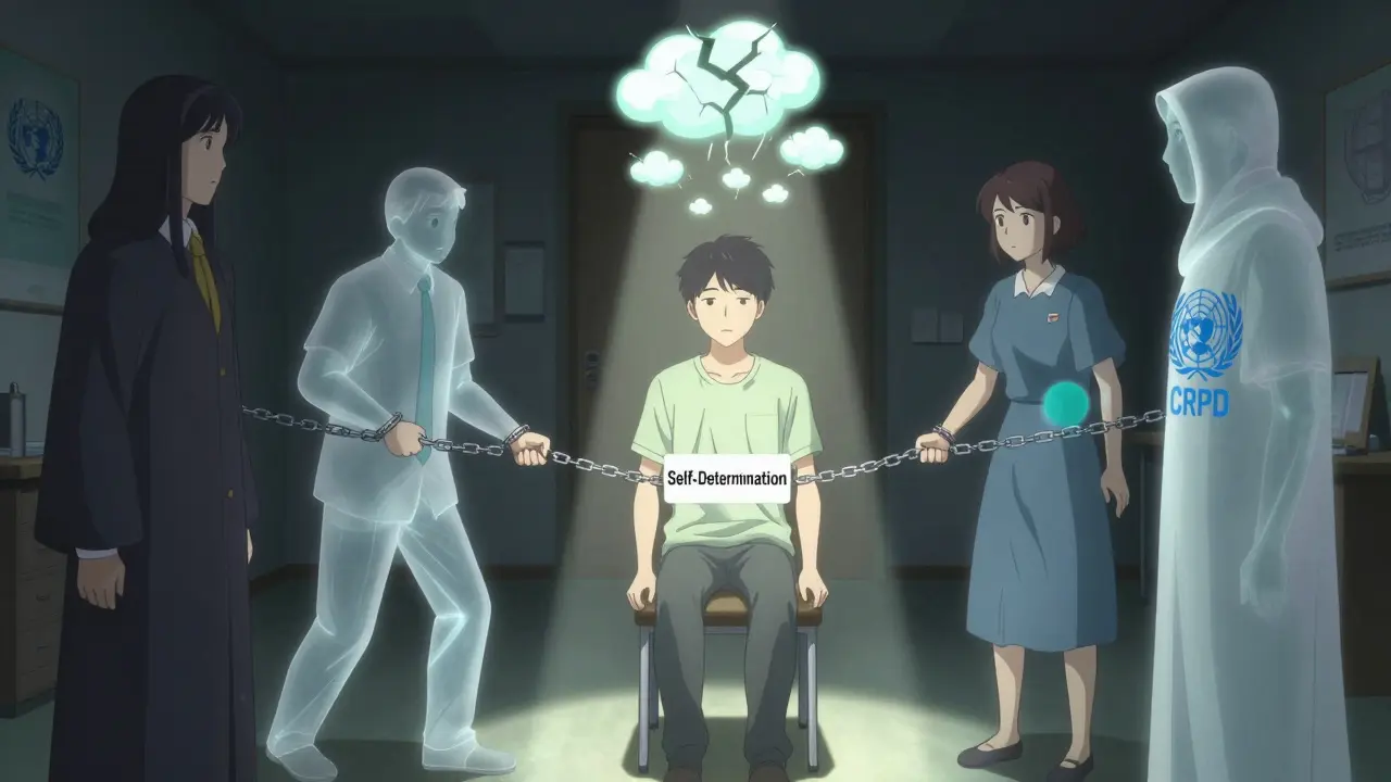A young person in a mental health clinic surrounded by three figures pulling chains, symbolizing substitute decision-making versus personal autonomy.