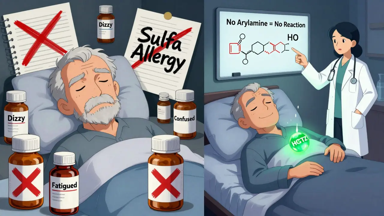 An elderly man contrasted between suffering from wrong medications and peacefully sleeping with a safe blood pressure pill beside him.