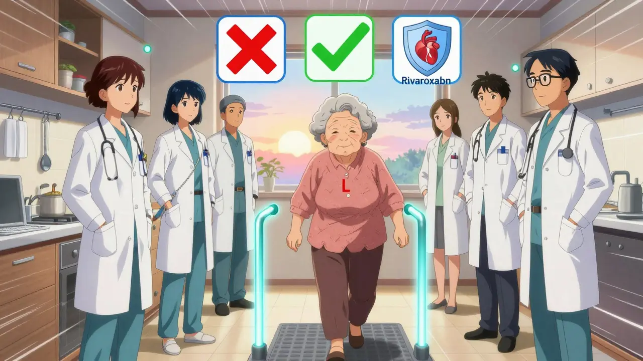 An elderly woman walks safely in her home with grab bars and night lights, protected by a DOAC pill and surrounded by health interventions.