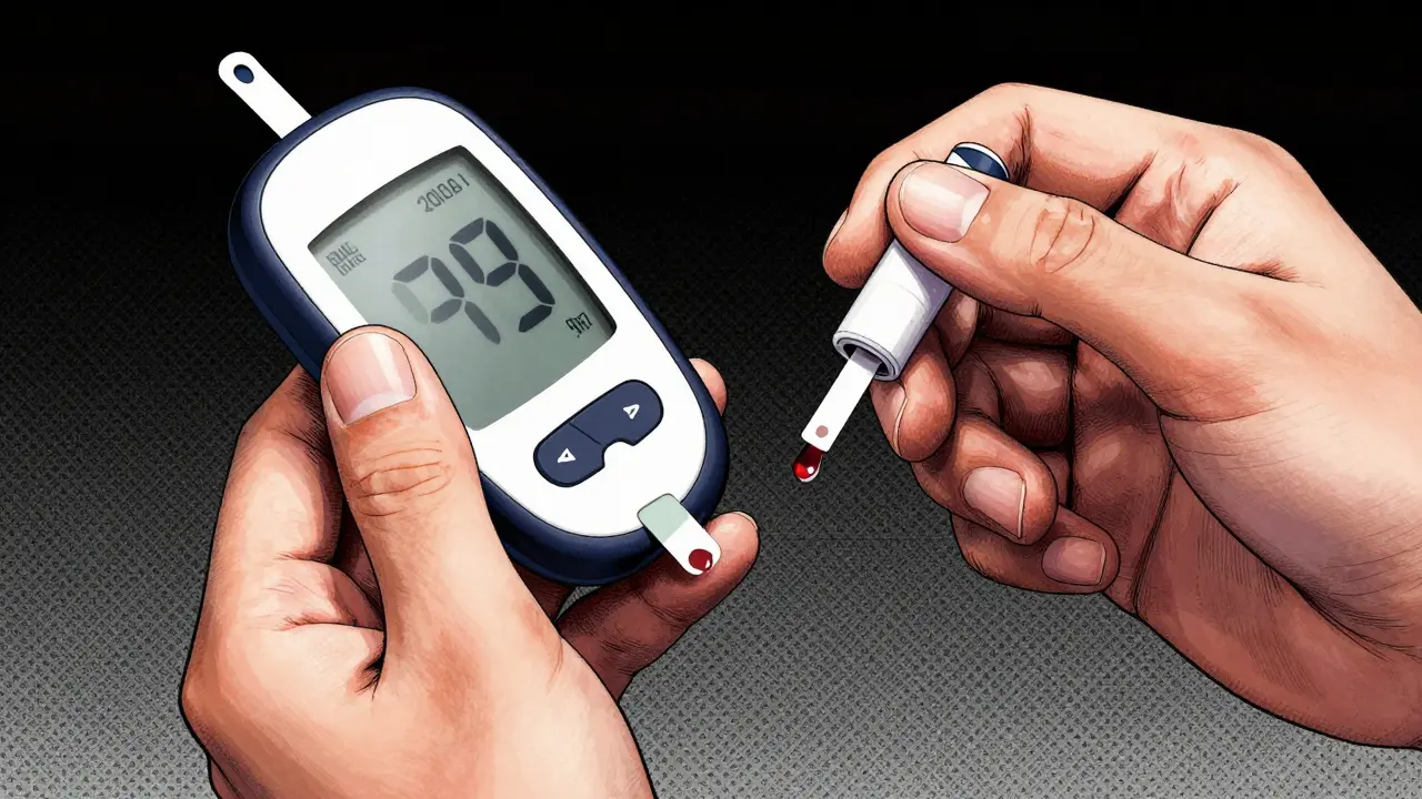 Close-up of hands using a blood glucose meter to test sugar levels.