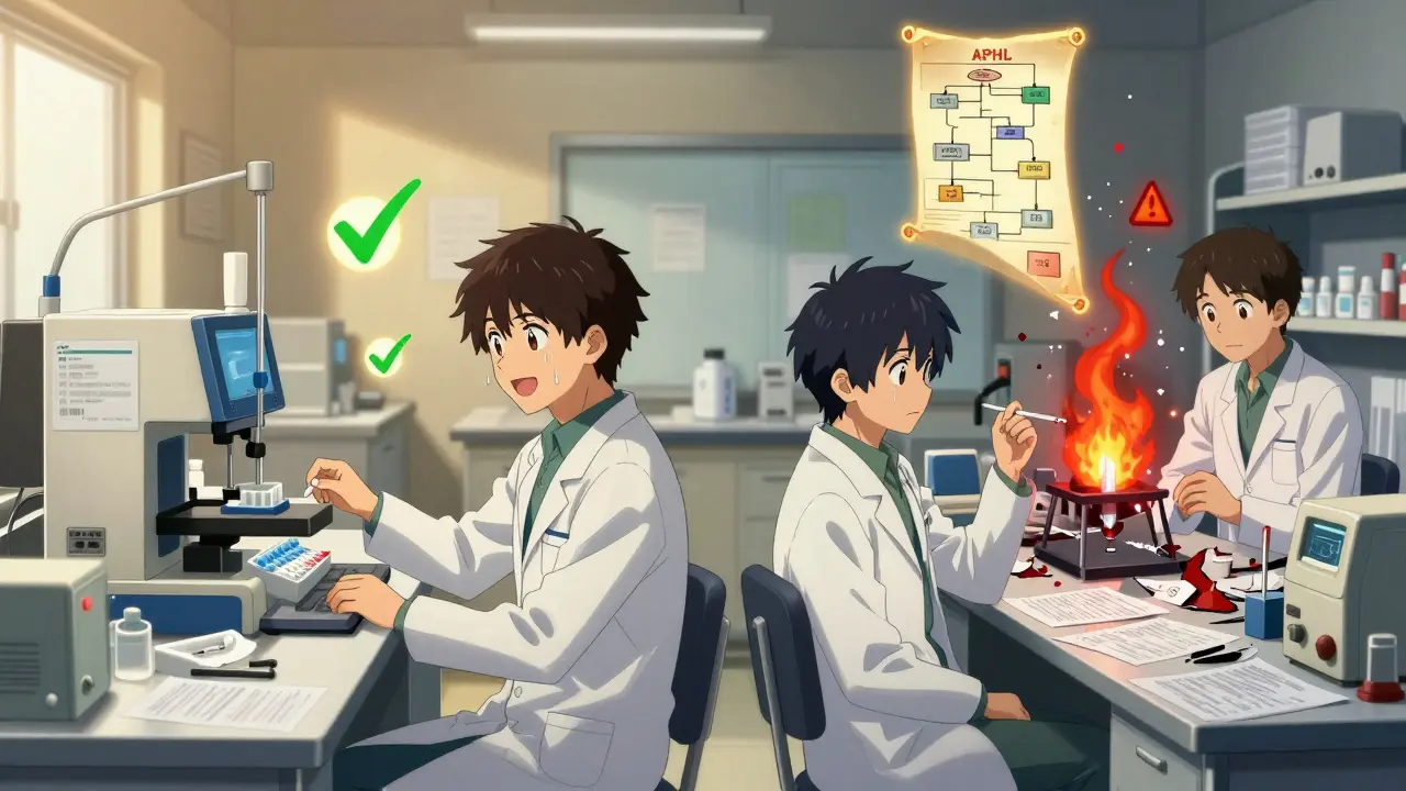 Contrasting lab processes: orderly verification on one side, chaotic validation on the other, with APHL toolkit floating above.