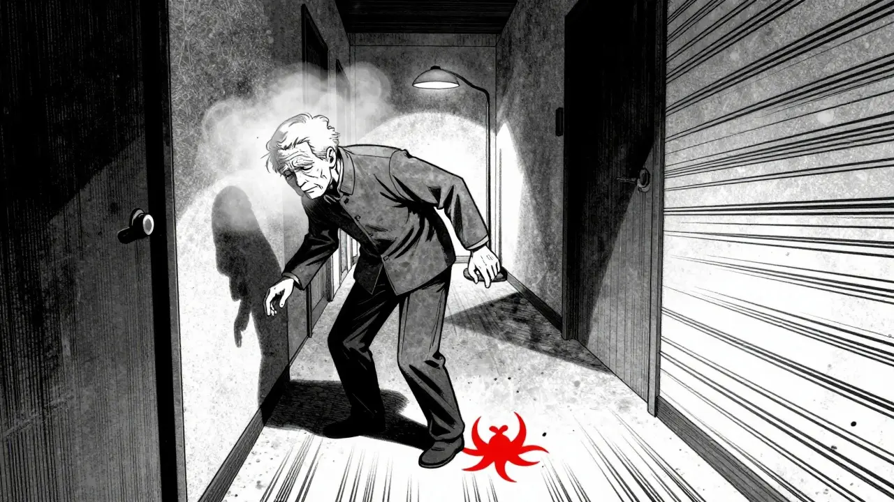 Elderly figure standing unsteadily in dark hallway