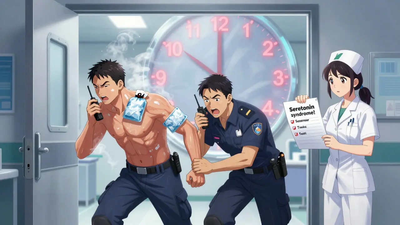 Emergency responders cooling a feverish patient in an ER, with a glowing 6-hour countdown clock visible in the background.