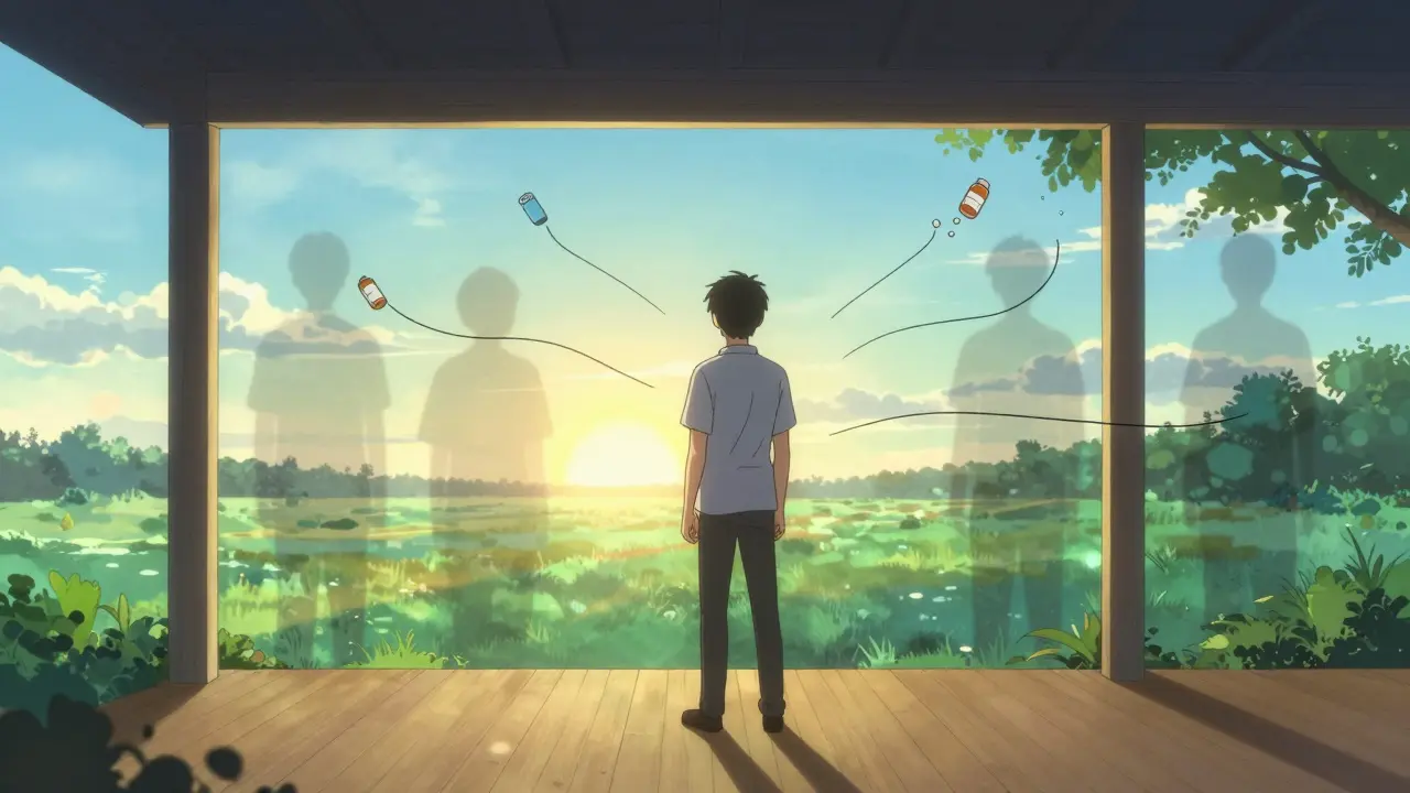 Hopeful character walking toward sun away from pills