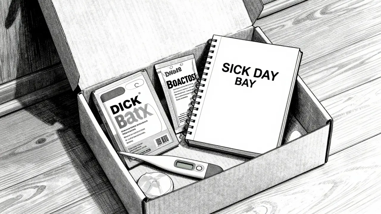 Open cardboard box containing medical supplies and hydration packets prepared.