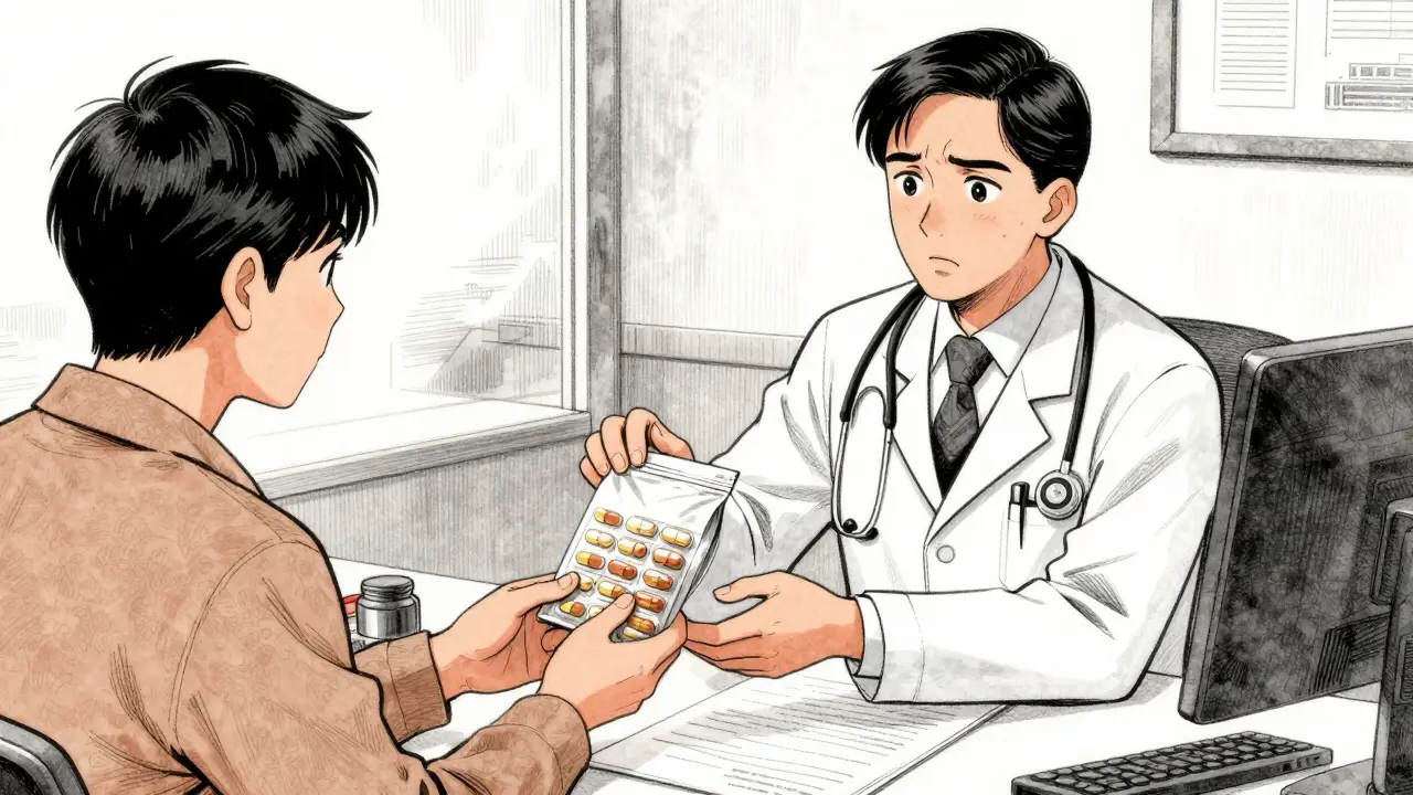 Patient giving supplement bag to concerned doctor across desk