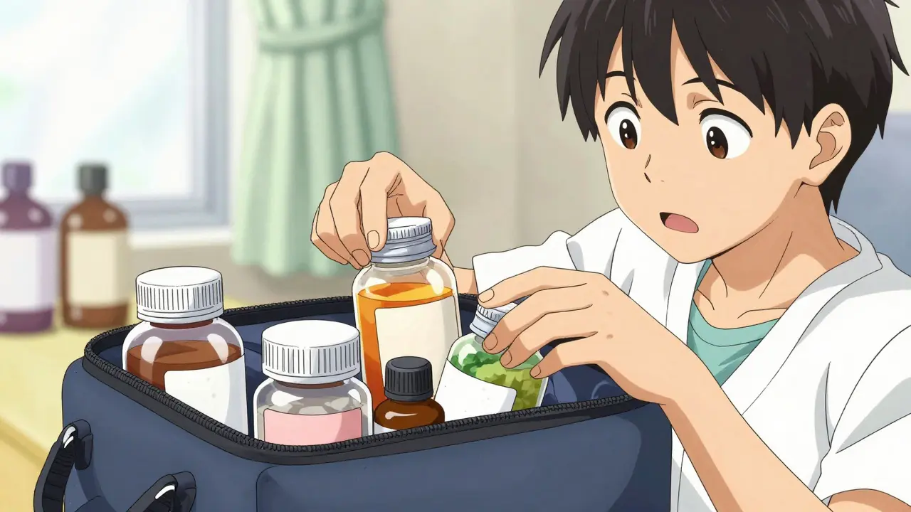 Person organizing vitamin bottles into a bag for doctor visit